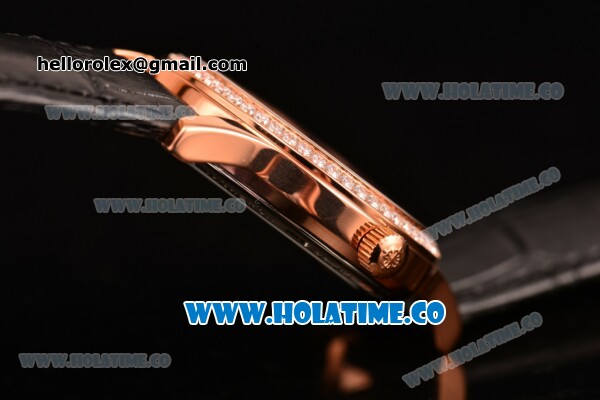 Patek Philippe Calatrava Swiss ETA 2824 Automatic Rose Gold Case with Diamonds Bezel Black Dial and Diamonds Markers - Click Image to Close